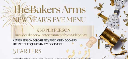 The Bakers Arms New Year's Eve Party Menu 2026